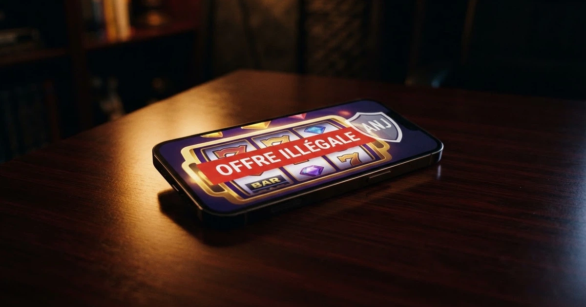 Interface d'un casino en ligne affichant une offre de 200 tours gratuits sans dépôt, avec le logo de l'ANJ et la mention « offre illégale » en surimpression