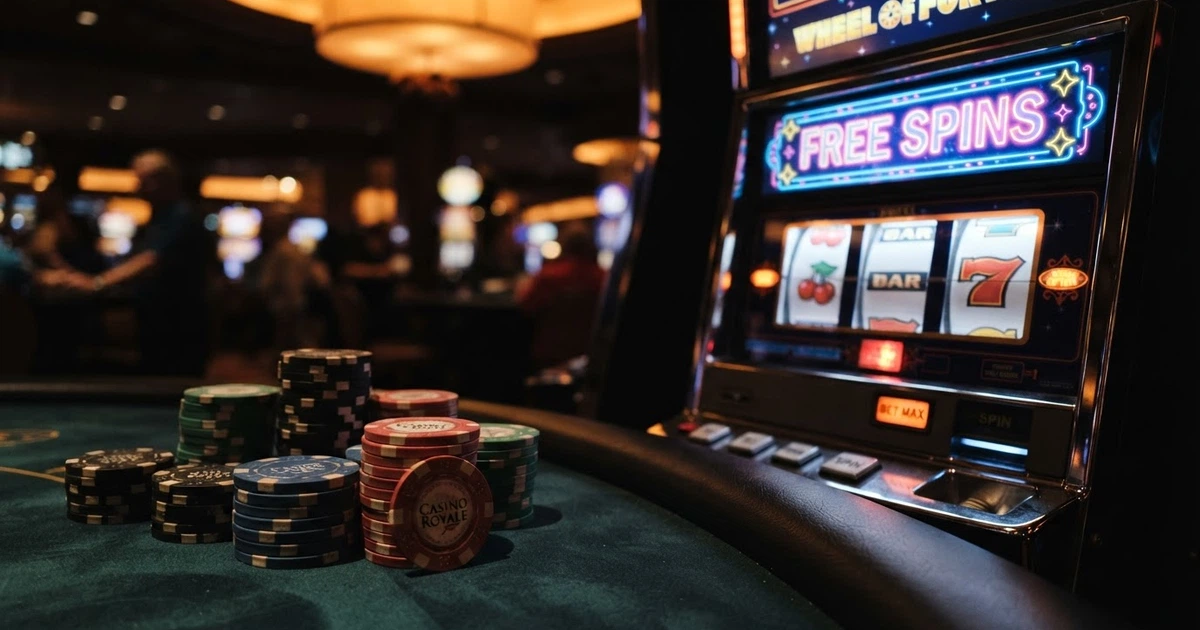 Jetons de casino colorés et une machine à sous affichant « Free Spins » sur un écran sombre
