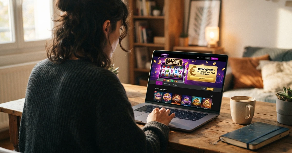 Capture d'écran d'une page d'accueil de casino en ligne présentant une offre de 50 free spins sans dépôt avec le bouton d'inscription
