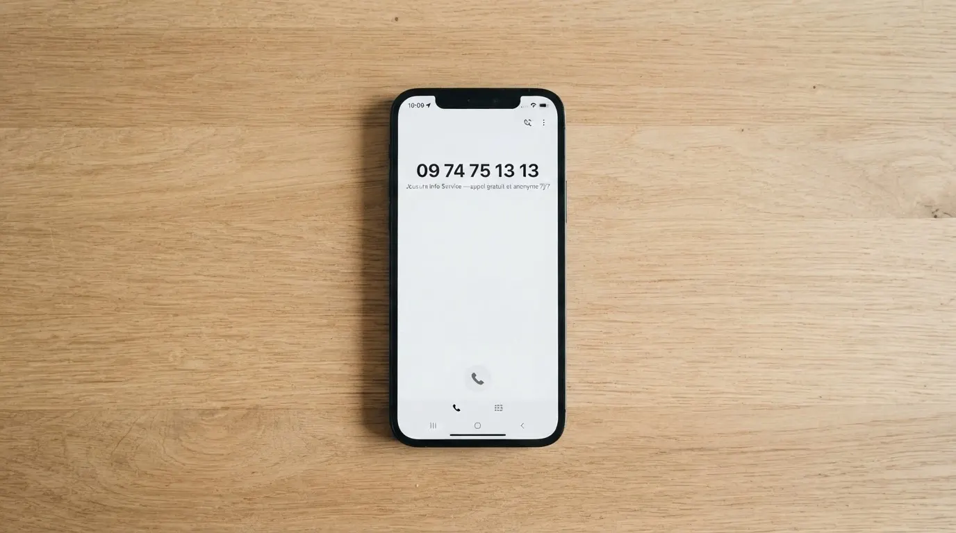 Un téléphone affichant le numéro 09 74 75 13 13 avec la mention « Joueurs Info Service — appel gratuit et anonyme 7j/7 », les logos ANJ et ADICTEL visibles