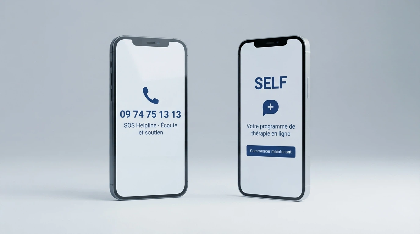 Écran partagé montrant d'un côté l'interface d'appel de Joueurs Info Service (09 74 75 13 13) et de l'autre le site SOS Joueurs avec le programme SELF