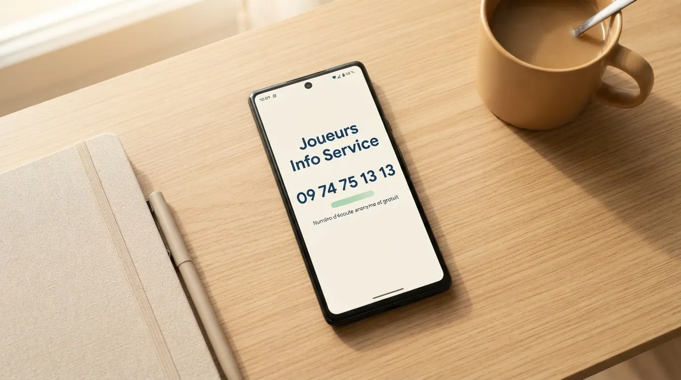Capture d'écran du site Joueurs Info Service avec son numéro vert 09 74 75 13 13 bien visible, entouré des logos de l'ANJ et de Santé publique France