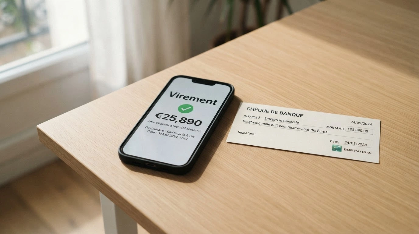 Un chèque de banque et un smartphone affichant une confirmation de virement bancaire, posés côte à côte