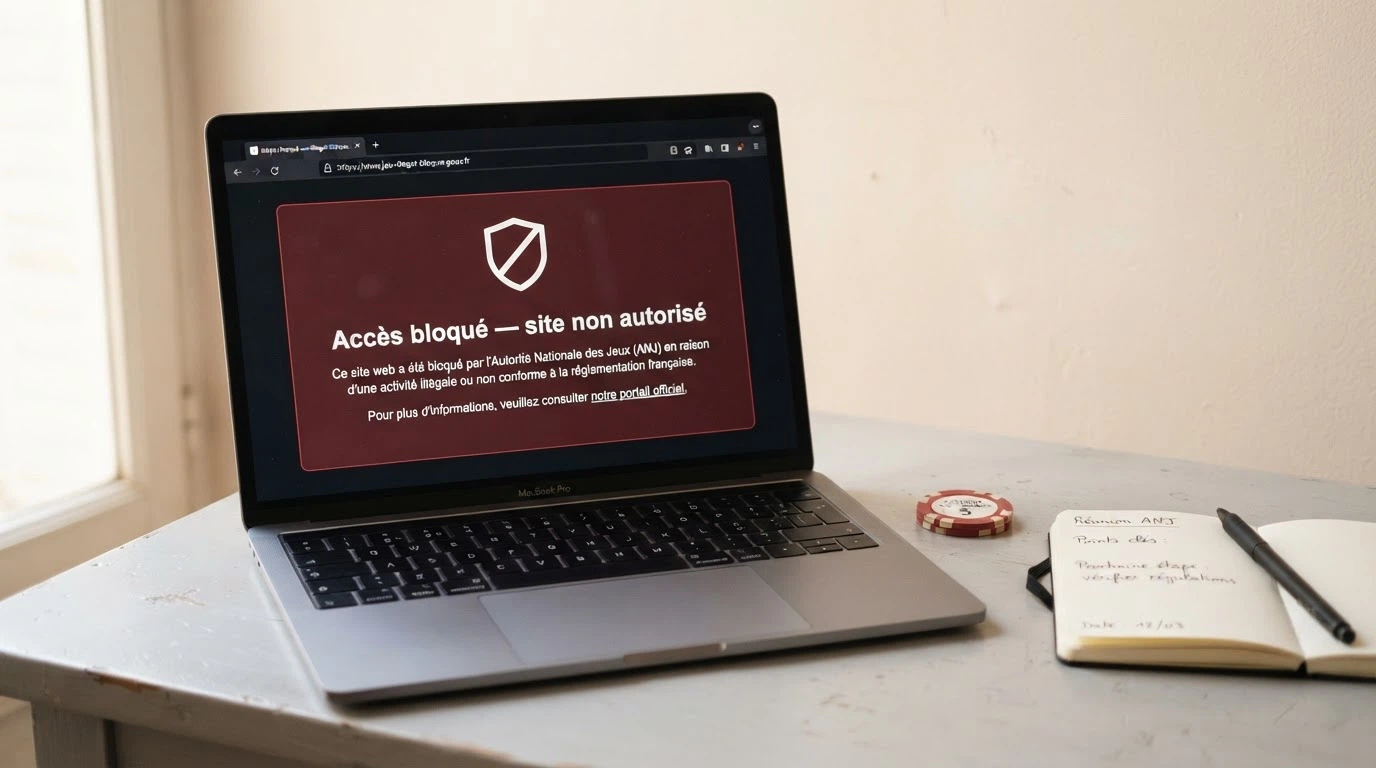 Une capture d'écran du site de l'ANJ affichant la liste des sites bloqués, avec un bandeau d'avertissement sur l'offre illégale