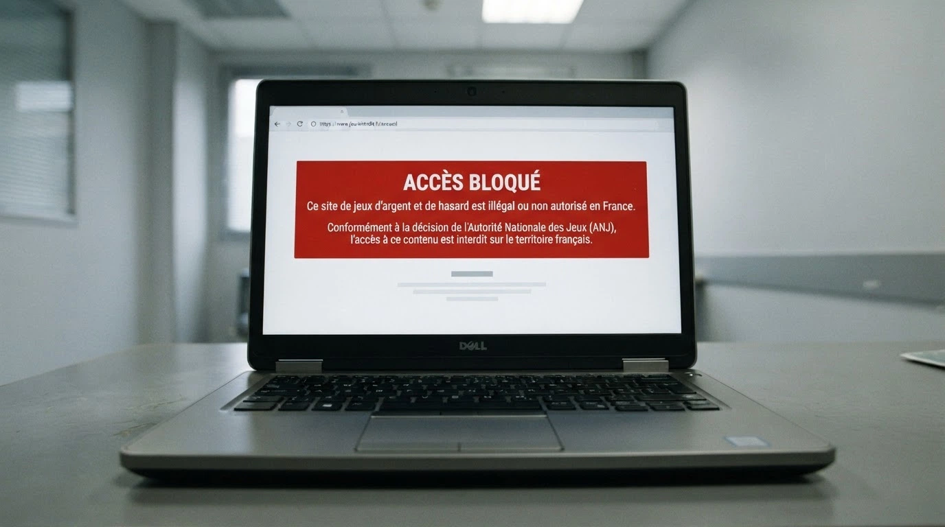 Capture d'écran du site officiel de l'ANJ affichant la liste des sites de casino en ligne bloqués et la mention « offre illégale »