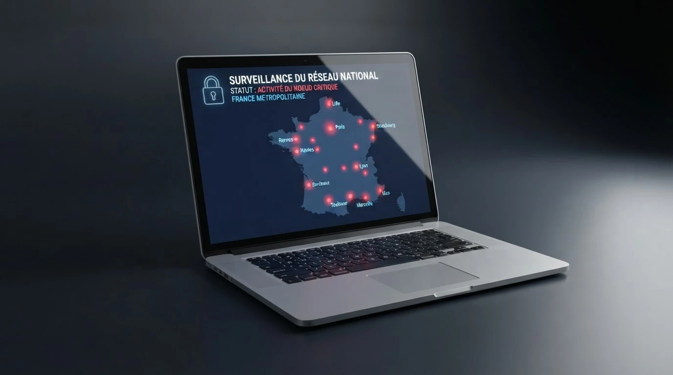 Le logo de l'ANJ sur un écran d'ordinateur, superposé à une carte de France où des points représentant des URL bloquées s'éteignent un par un