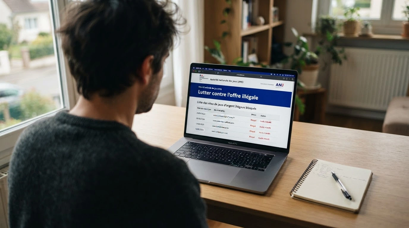 Page d'accueil du site de l'ANJ avec le bandeau « Lutter contre l'offre illégale » et un extrait de la liste noire des sites bloqués