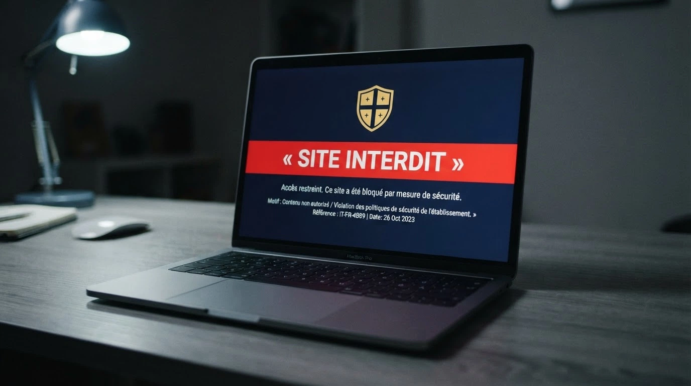 Un écran affichant une page de blocage administratif avec le logo de l'ANJ et la mention « site interdit », un navigateur web en arrière-plan.