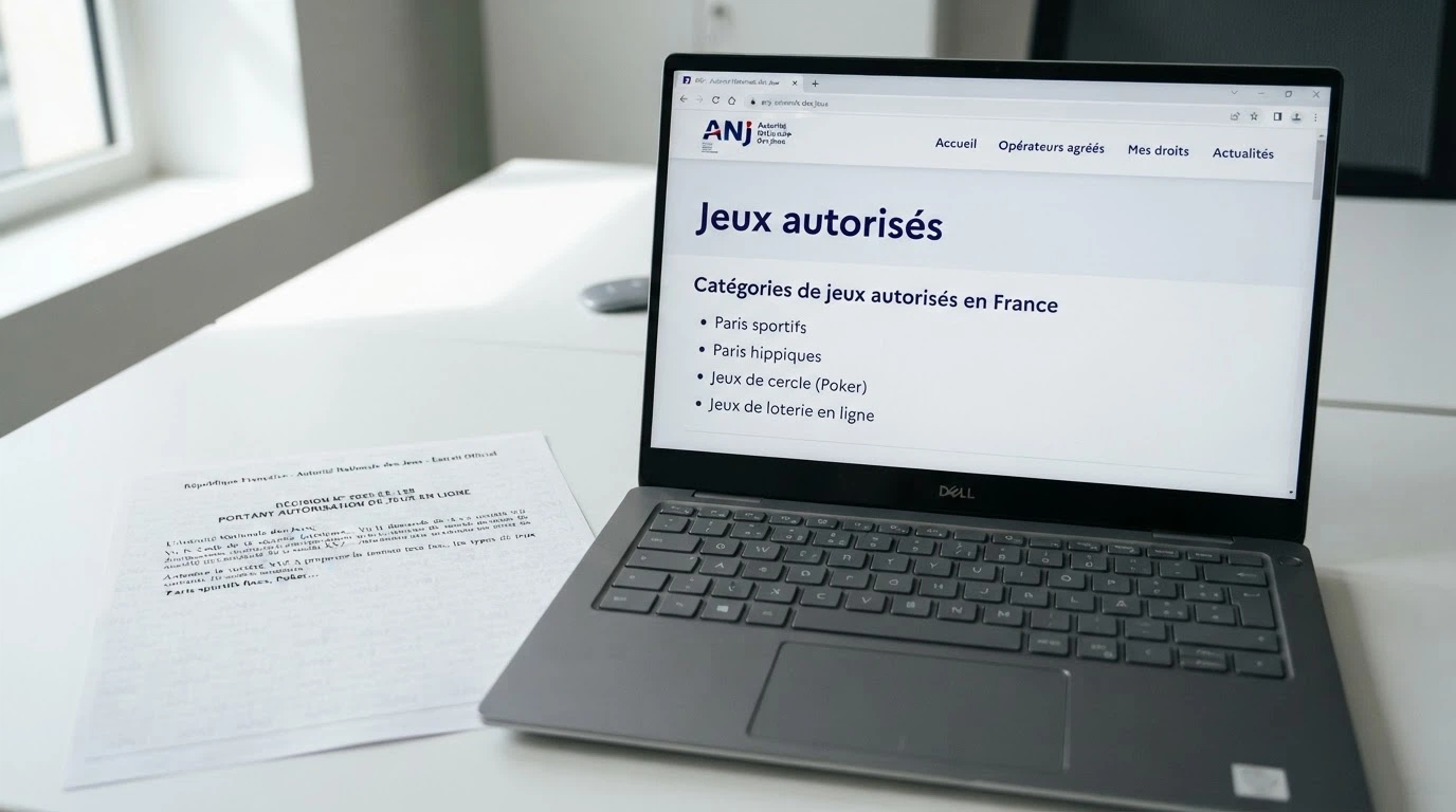 Le logo de l'ANJ sur fond de texte juridique français, écran affichant la liste des jeux autorisés
