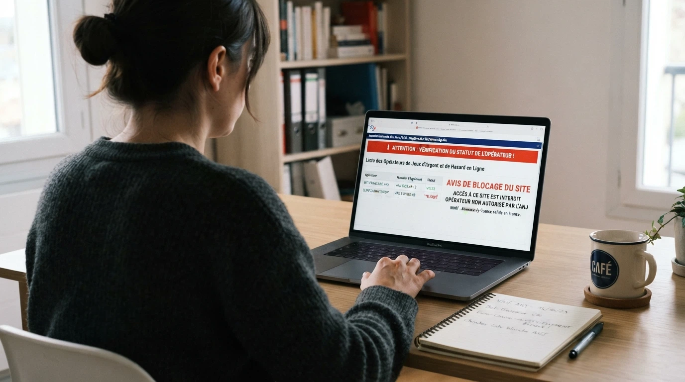 Page du site anj.fr affichant la liste des opérateurs agréés et le bandeau d'avertissement sur l'offre illégale de casino en ligne