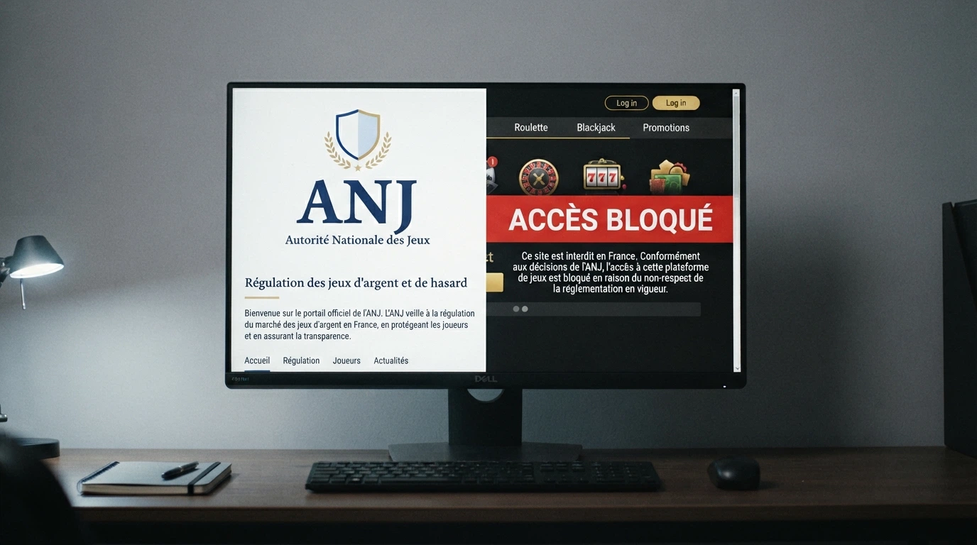 Écran partagé montrant à gauche le logo de l'ANJ sur fond blanc institutionnel et à droite une interface de casino en ligne barrée d'un avertissement « accès bloqué »