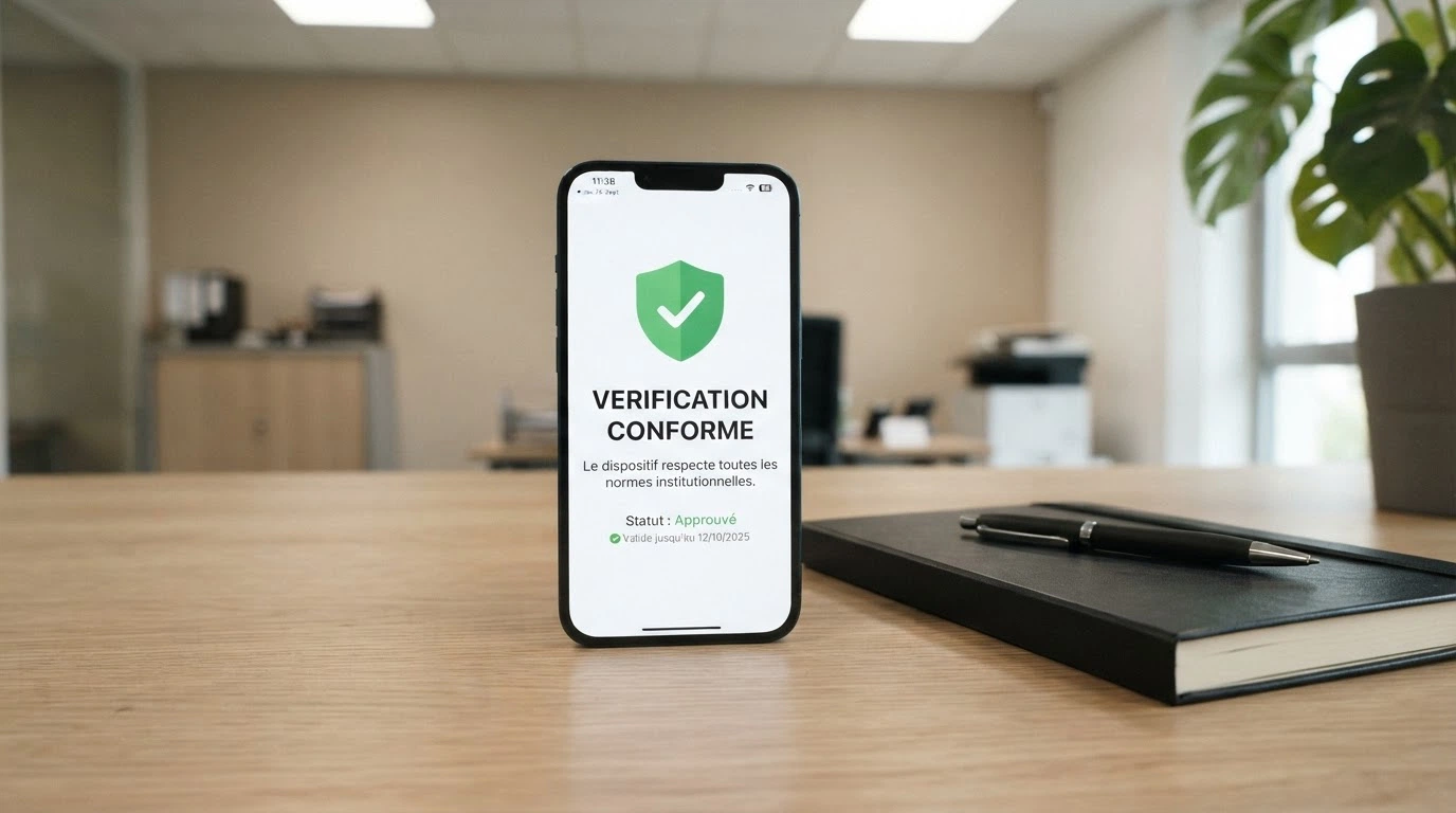 Un téléphone portable posé sur un bureau à côté d'un document officiel, l'écran affichant une interface de vérification de licence de jeu