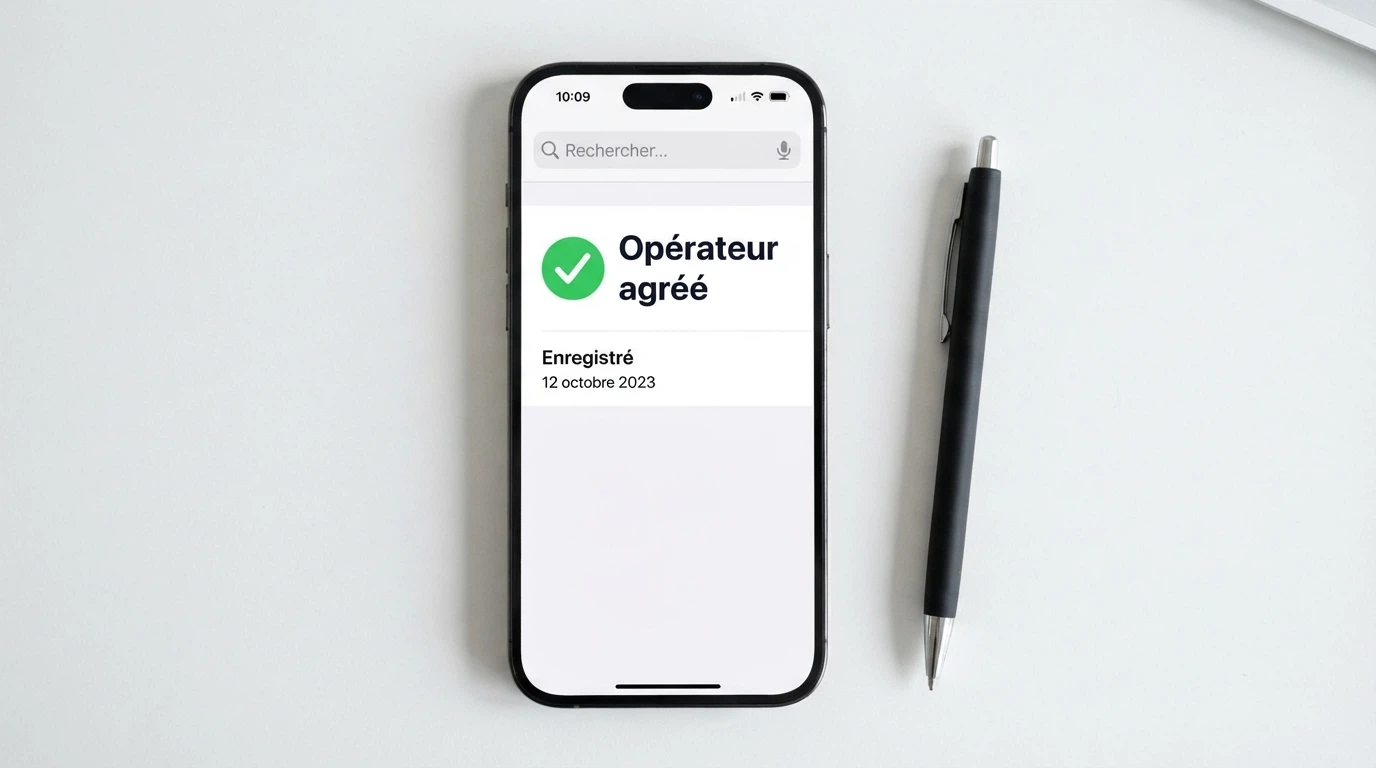 Interface du registre ANJ sur l'écran d'un smartphone avec le statut d'agrément affiché