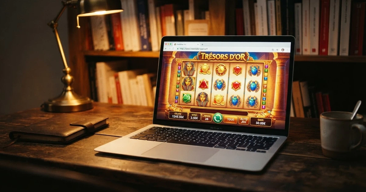 Écran d'ordinateur affichant une page de comparatif de casinos en ligne, avec un cadenas de sécurité dans la barre d'adresse et le logo de l'ANJ visible en filigrane