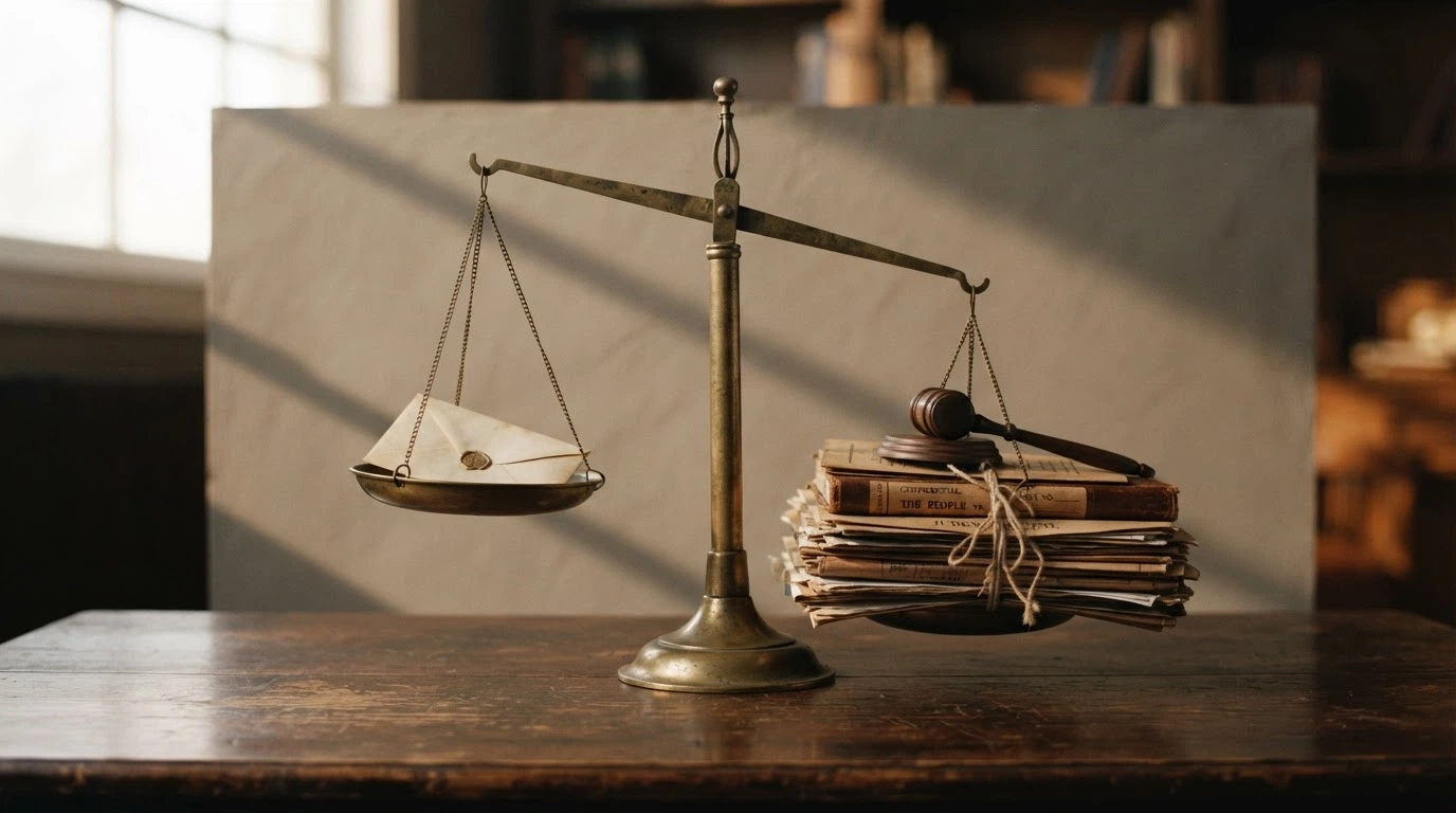Une balance à l'ancienne dont le plateau « discrétion bancaire » est léger et le plateau « absence de recours légal » est lourd, sur un fond neutre