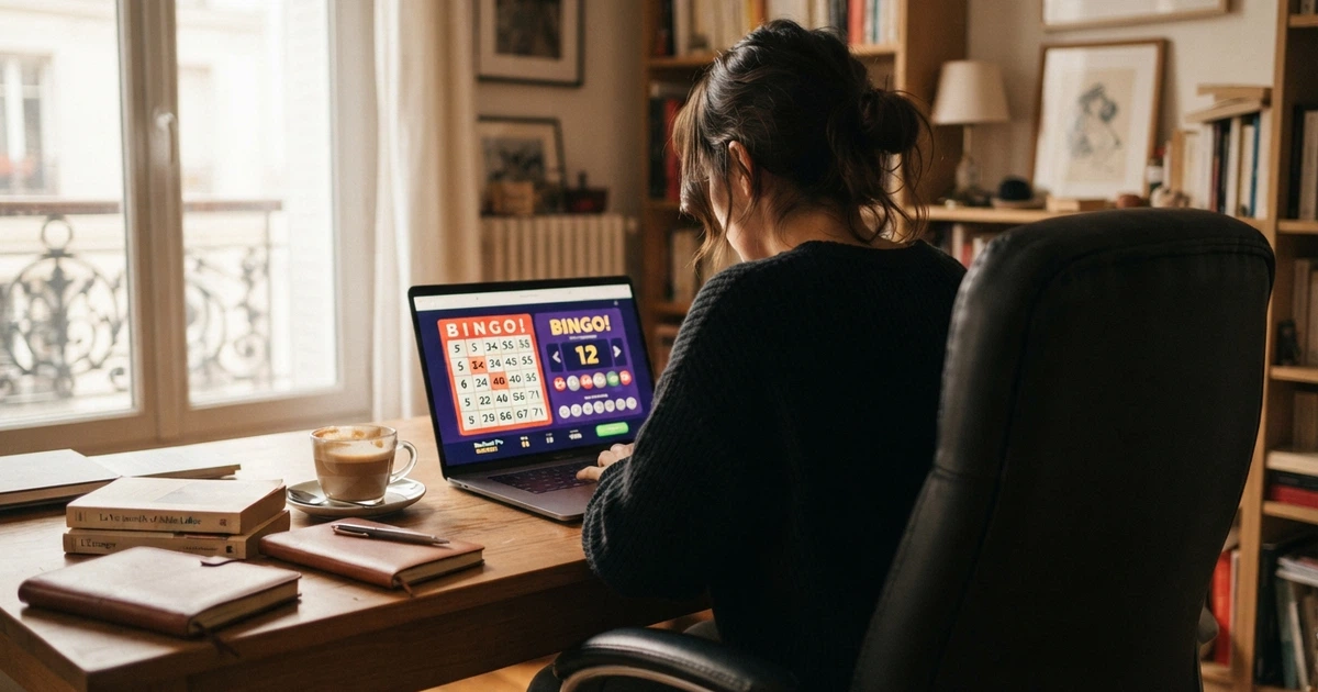 Un joueur français consultant une grille de bingo sur un écran d'ordinateur, l'interface du jeu affichant des numéros tirés, dans un intérieur sobre