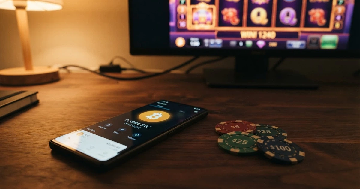 Un portefeuille crypto affichant un solde en Bitcoin Cash (BCH) à côté de jetons de casino et d'un écran de machine à sous en ligne.