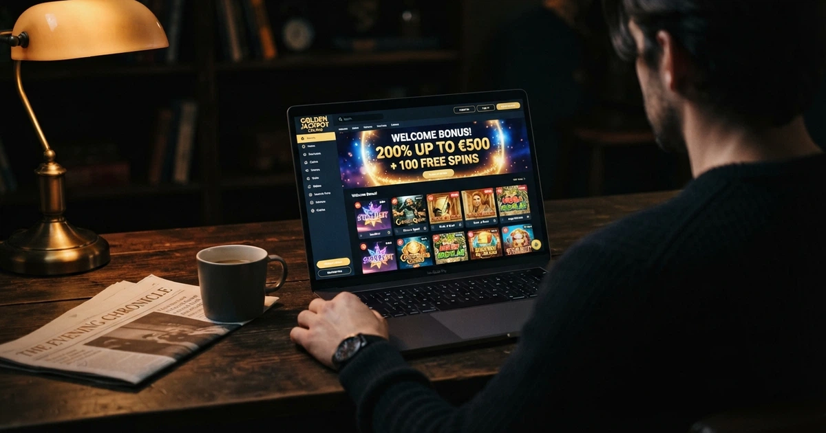 Page d'accueil d'un casino en ligne affichant une bannière de bonus de bienvenue et une grille de machines à sous
