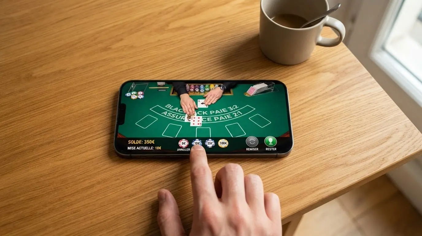 Un joueur consulte une table de blackjack avec croupier en direct sur l'écran de son smartphone, l'interface de mise étant visible en bas de l'écran