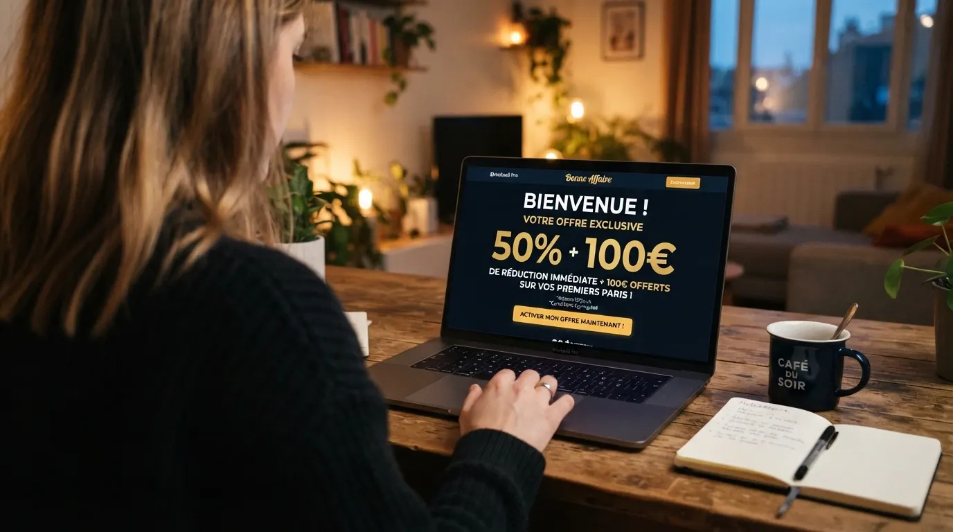 Capture d'écran de la page d'accueil d'un casino affichant une offre de bonus de bienvenue avec le pourcentage et le plafond en euros