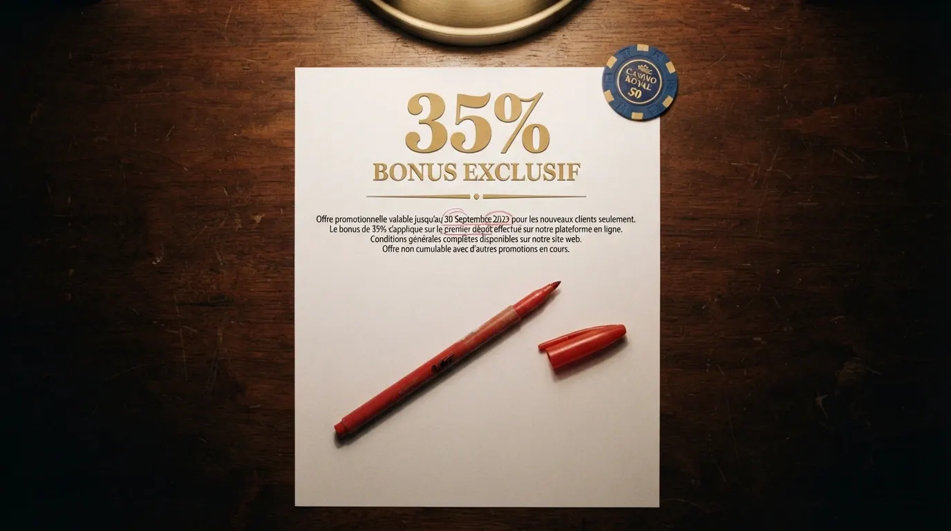 Une offre de bonus de bienvenue de casino en ligne avec sa bannière promotionnelle, juxtaposée aux petites lignes des conditions de mise