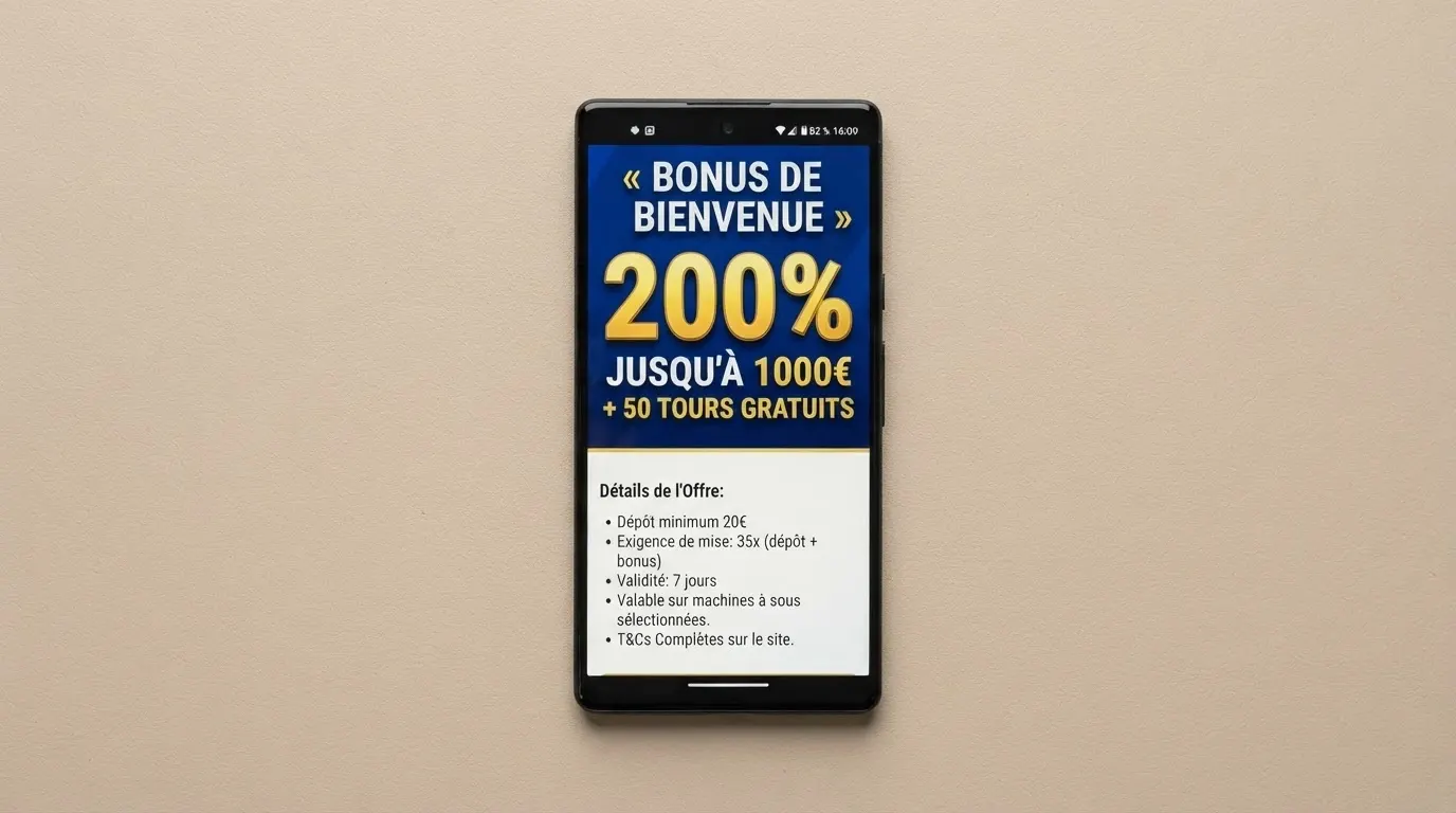 Capture d'écran d'une offre de bonus de bienvenue avec les conditions de mise en petits caractères mises en évidence