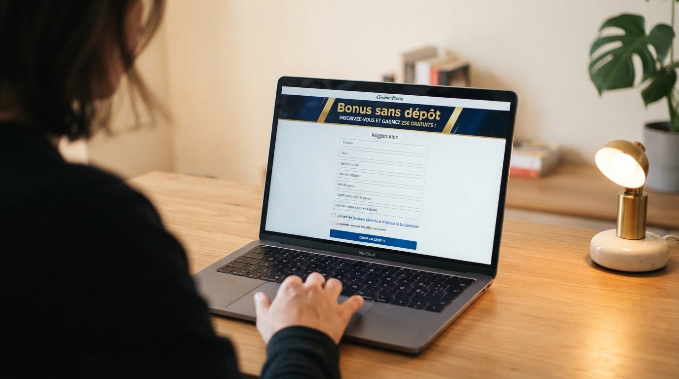 Page d'inscription d'un casino en ligne avec le bandeau « Bonus sans dépôt » et le champ « Code promo » vide