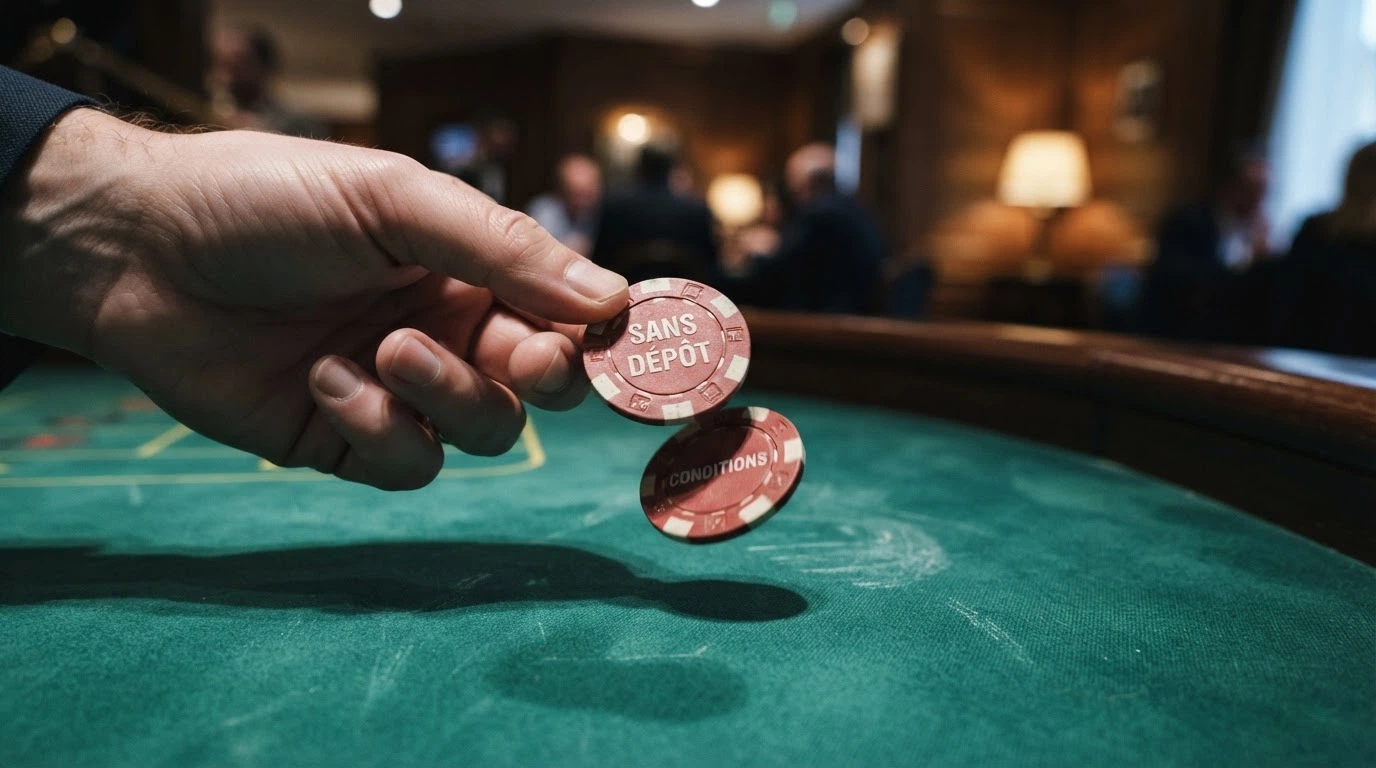 Une main qui retourne une pièce marquée « sans dépôt » d'un côté et « conditions » de l'autre, sur fond de table de jeu verte.