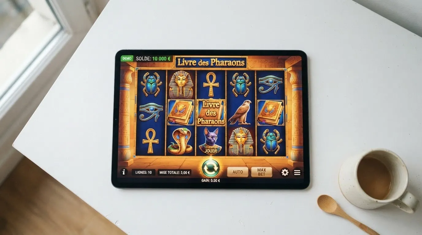 Interface du mode démo de Book of Ra sur navigateur, avec le solde en argent fictif visible