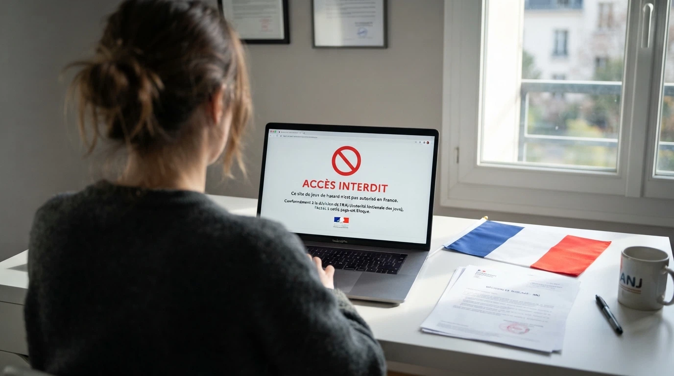 Page d'accueil du site de l'ANJ affichée sur un écran, surmontée du drapeau français et d'un symbole d'interdiction
