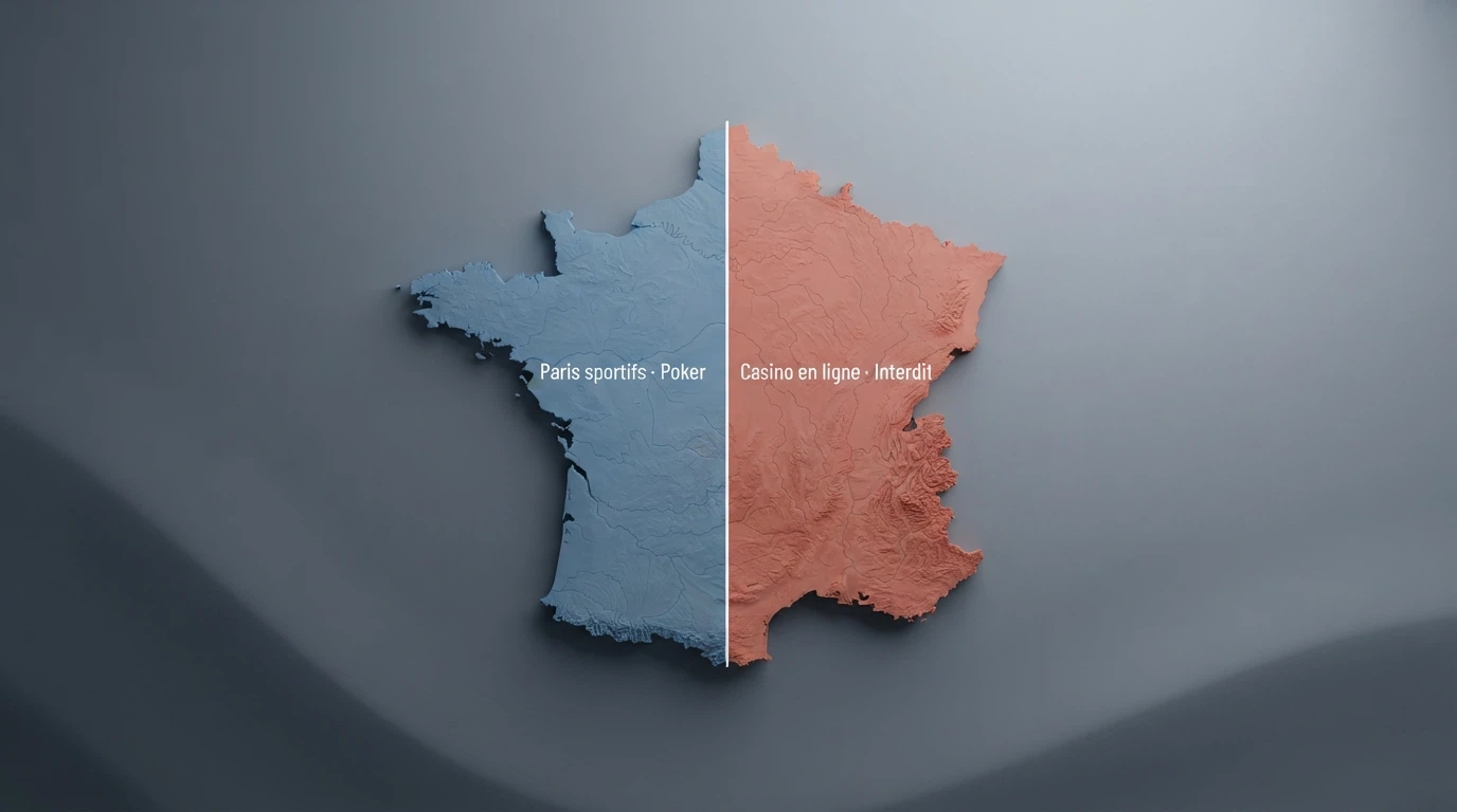 Carte de la France avec deux zones : d'un côté les jeux agréés ANJ (paris sportifs, poker), de l'autre les jeux de casino interdits mais accessibles via des sites offshore