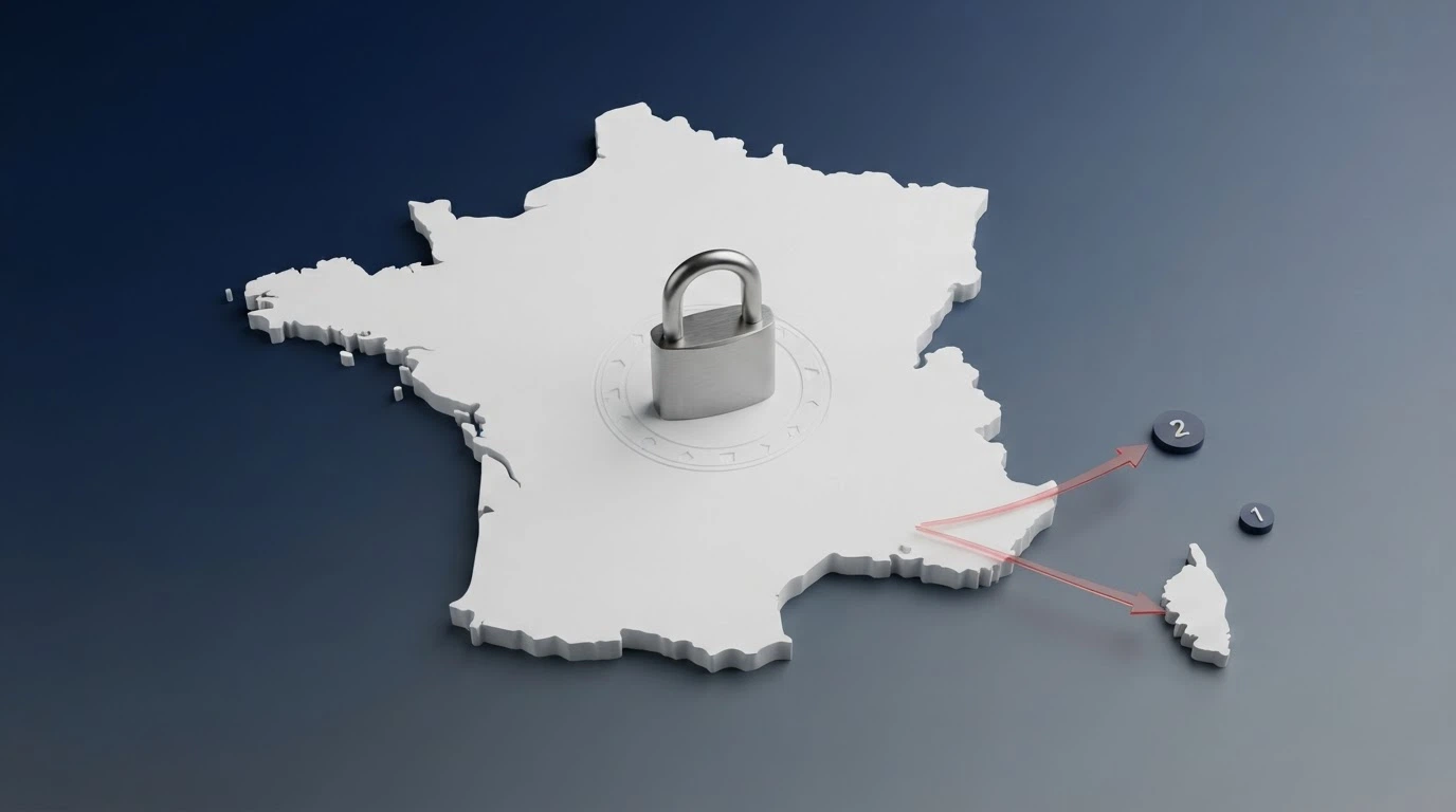 Une carte de la France avec les juridictions offshore (Curaçao, Kahnawake) reliées par des flèches, et le logo de l'ANJ au centre barrant l'accès