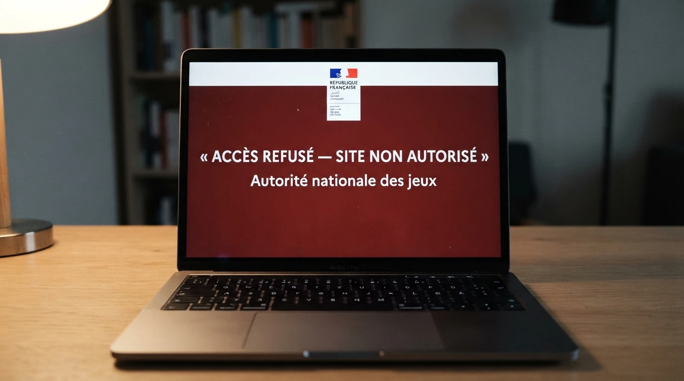 Un document officiel français partiellement masqué portant le logo de l'ANJ, superposé à un écran affichant l'interface d'un casino en ligne avec le symbole Ethereum
