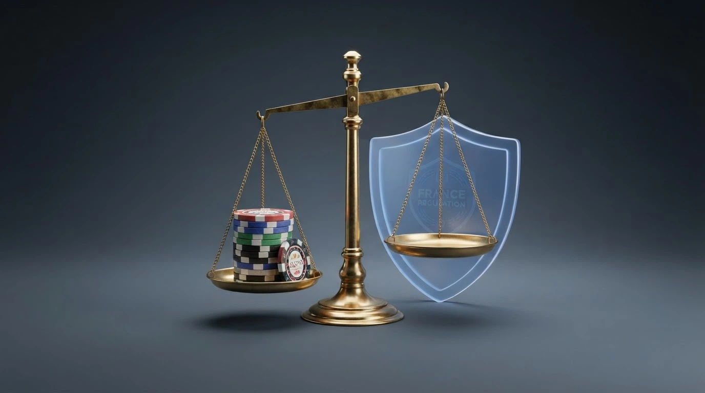 Une balance juridique devant l'écran d'un casino en ligne, avec le logo ANJ visible en arrière-plan