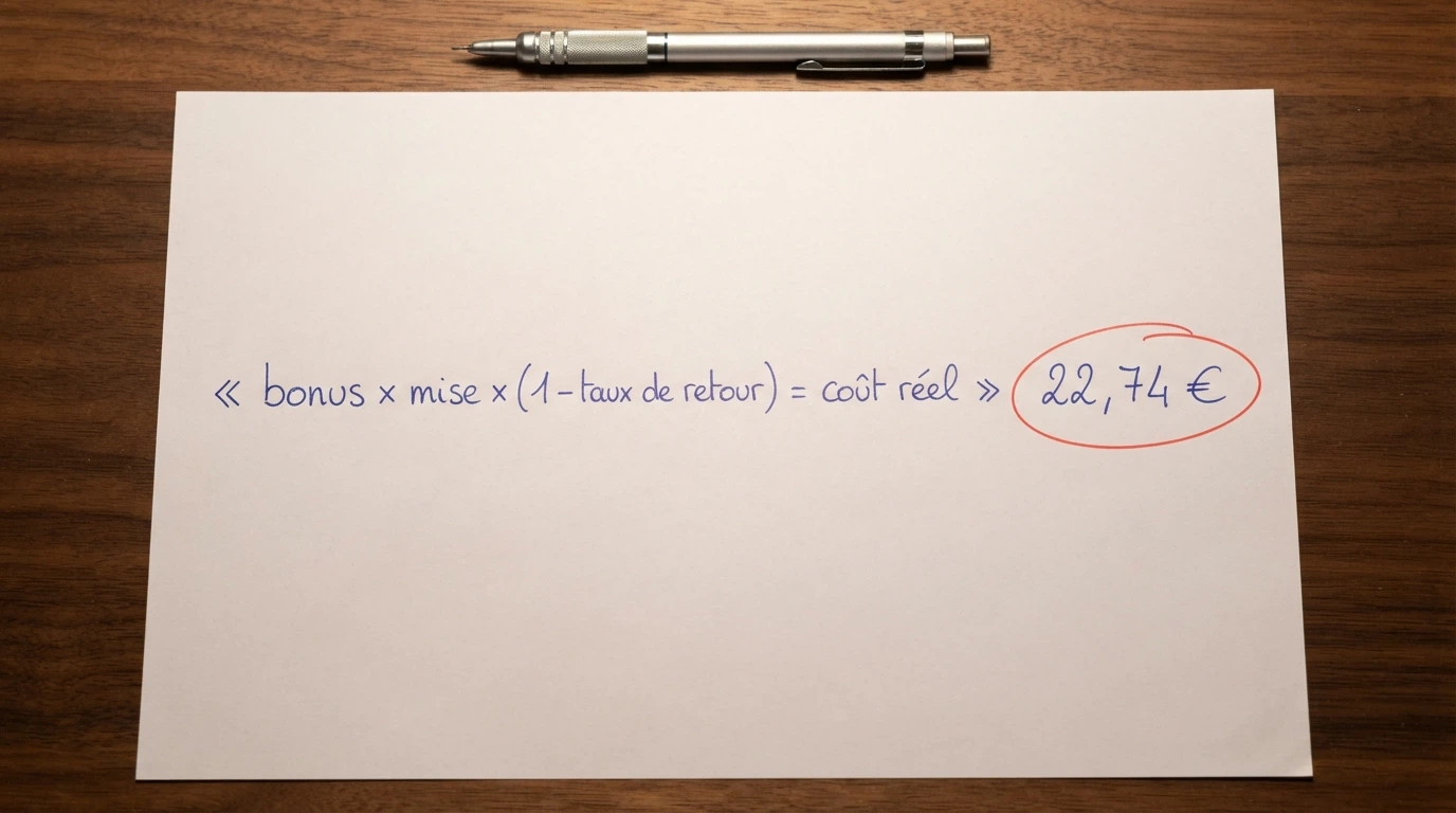 Une feuille de calcul manuscrite montrant l'équation « bonus × wager × (1 − RTP) = coût réel », avec un résultat entouré en rouge