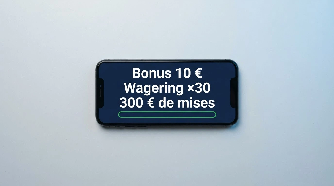 Un écran de calcul affichant : « Bonus 10 € × wagering 30 = 300 € de mises requises avant retrait », avec une barre de progression vide