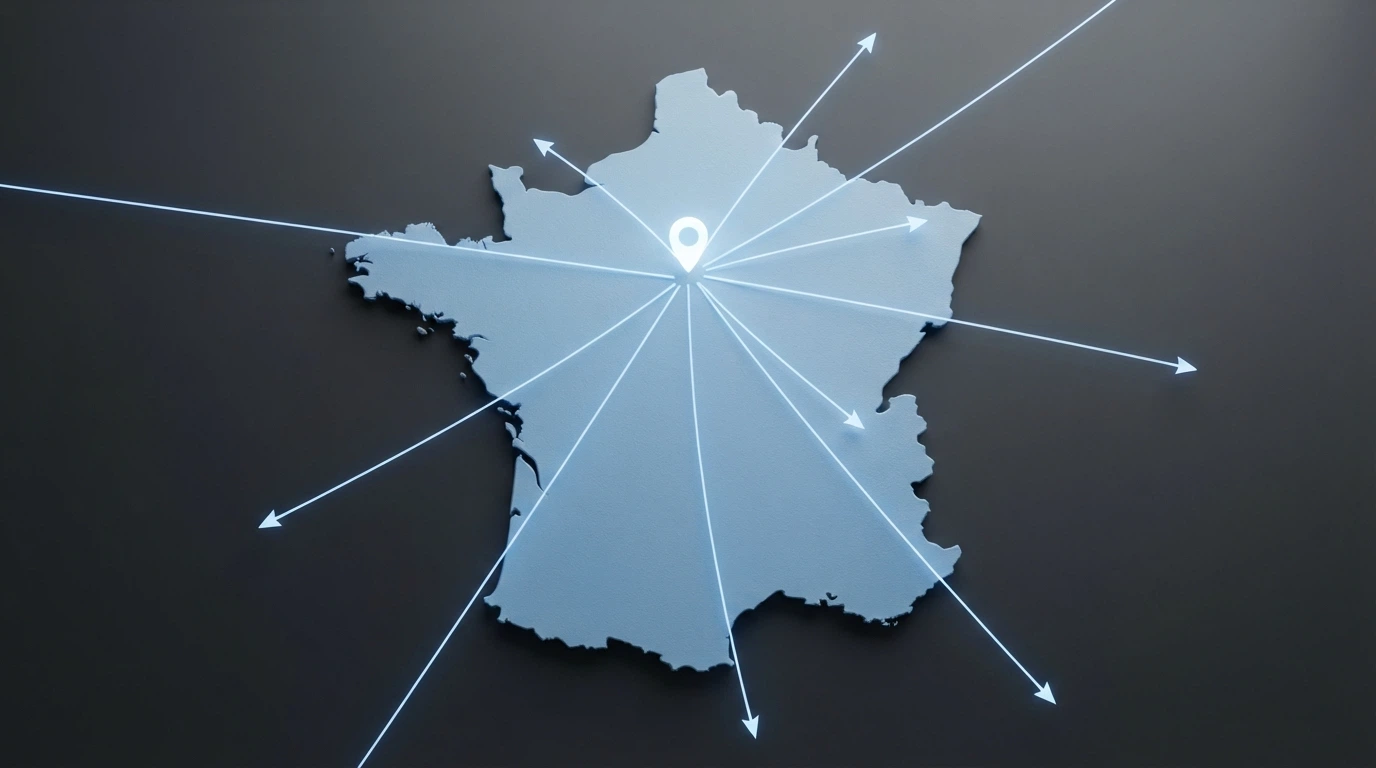 Une carte de France où des flèches partent de Paris vers des serveurs situés hors d'Europe, symbolisant l'offre sans agrément