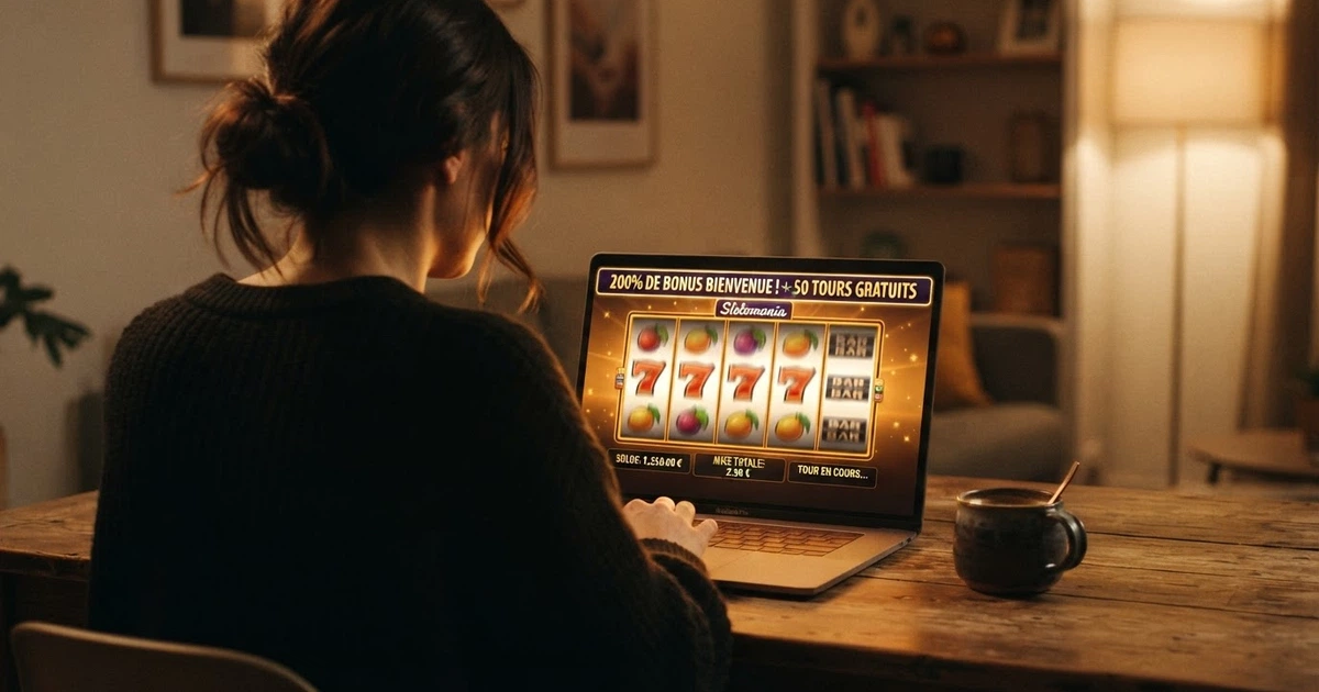 Une interface de casino en ligne affichant une offre de bonus de bienvenue à 200%, avec des icônes de machines à sous et un bandeau promotionnel