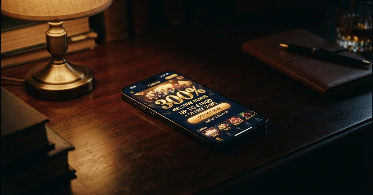 Interface d'un casino en ligne affichant une offre de bonus de 300% sur fond sombre