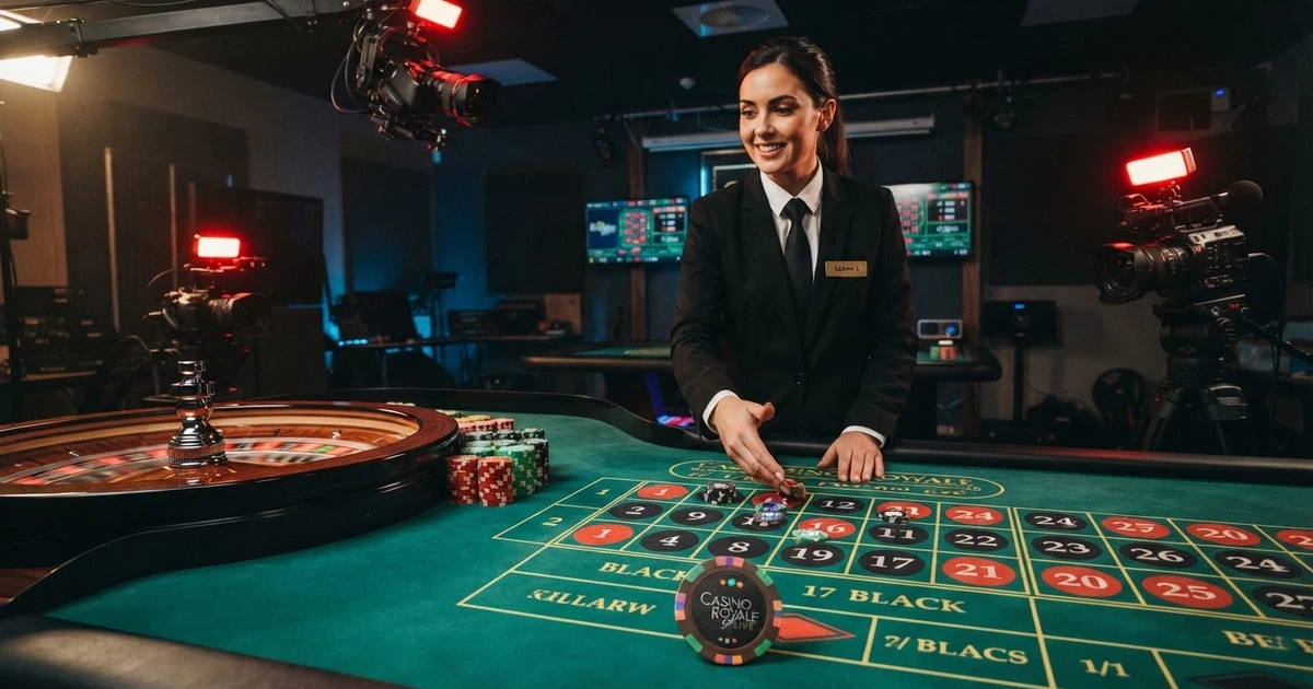 Un croupier professionnel anime une table de roulette en direct, filmé par plusieurs caméras dans un studio de casino, l'écran affichant l'interface de jeu du joueur