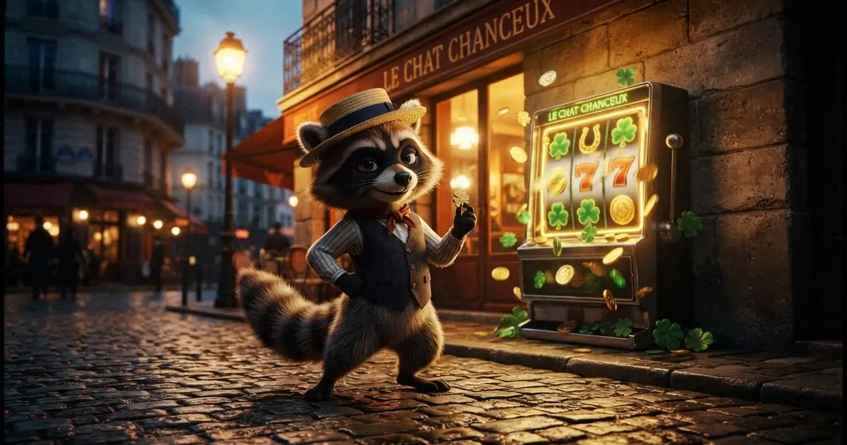 Un raton laveur masqué au style bandit des années 1940, devant une grille de machine à sous aux teintes dorées et vertes