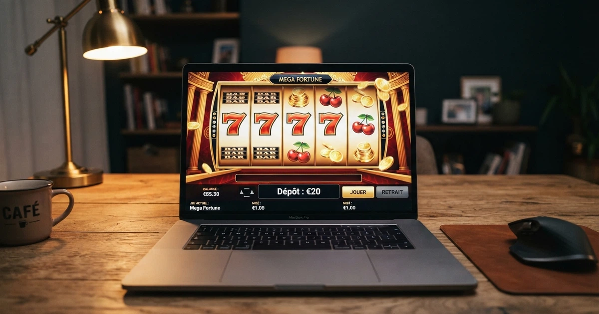 Un écran de casino en ligne affichant un champ de dépôt avec la somme de 20 € et une interface de jeu en arrière-plan