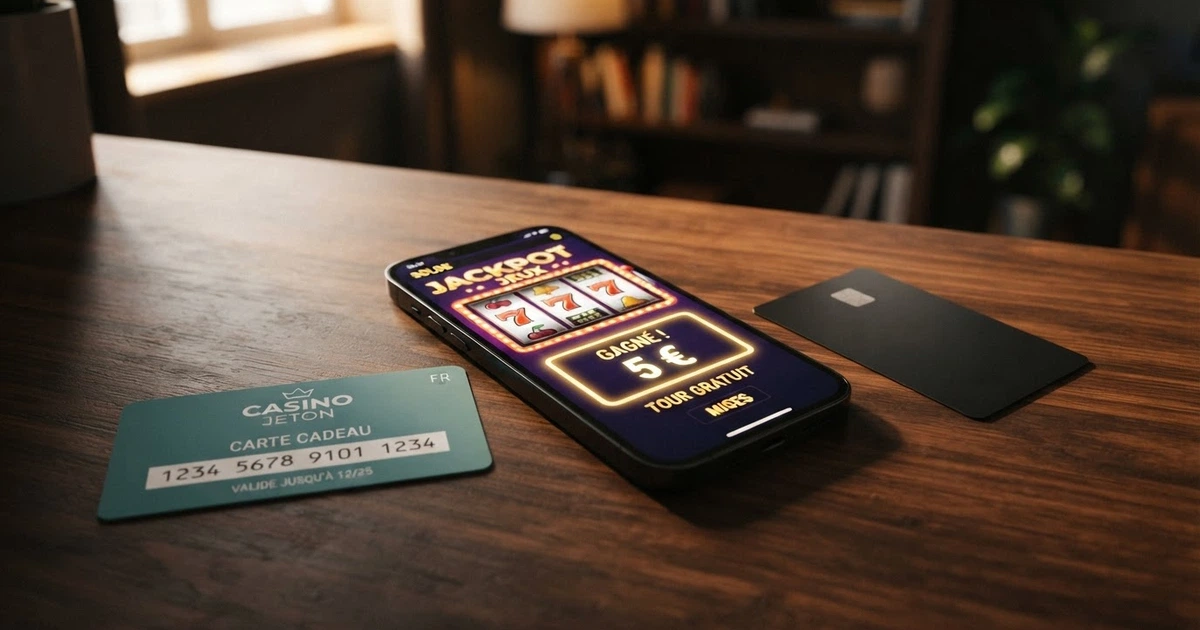 Écran de casino en ligne affichant un dépôt minimum de 5 euros à côté d'une carte bancaire et d'un bon Paysafecard