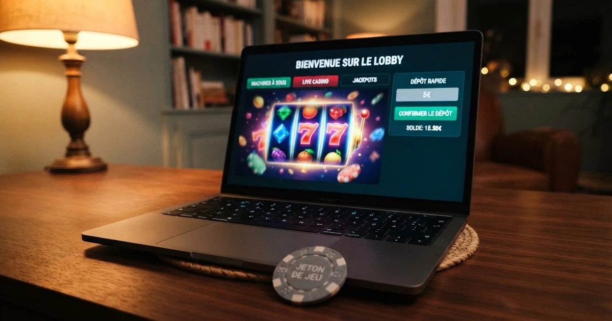 Écran d'accueil d'un casino en ligne affichant des options de dépôt par carte bancaire à partir de 5 euros