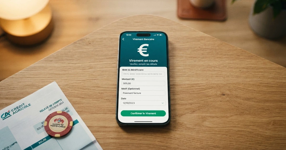 Interface de dépôt par virement SEPA sur un casino en ligne avec le champ IBAN, le montant et le bouton de validation