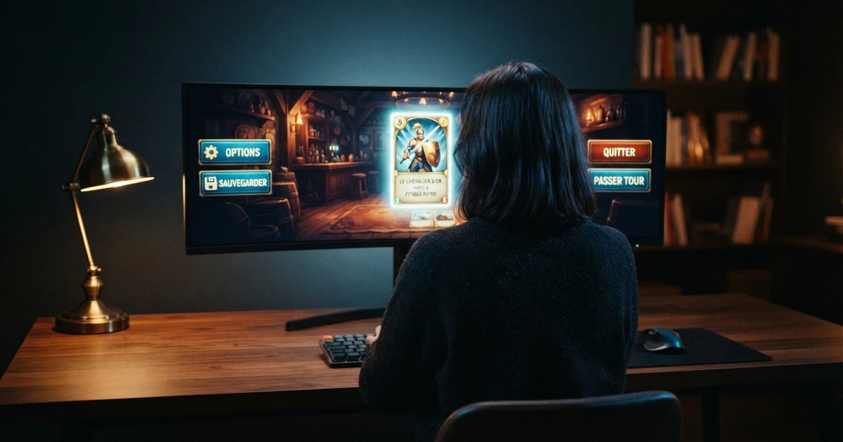 Un joueur assis devant un écran d'ordinateur affichant l'interface colorée du jeu Hi Lo avec une carte retournée au centre et les boutons « plus haut » et « plus bas » de chaque côté