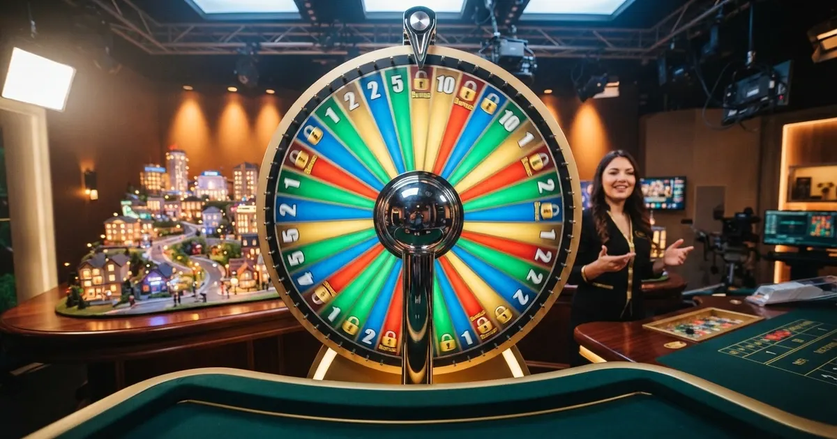 La roue de la fortune de MONOPOLY Live surmontant le plateau Monopoly en 3D dans un studio de jeu en direct