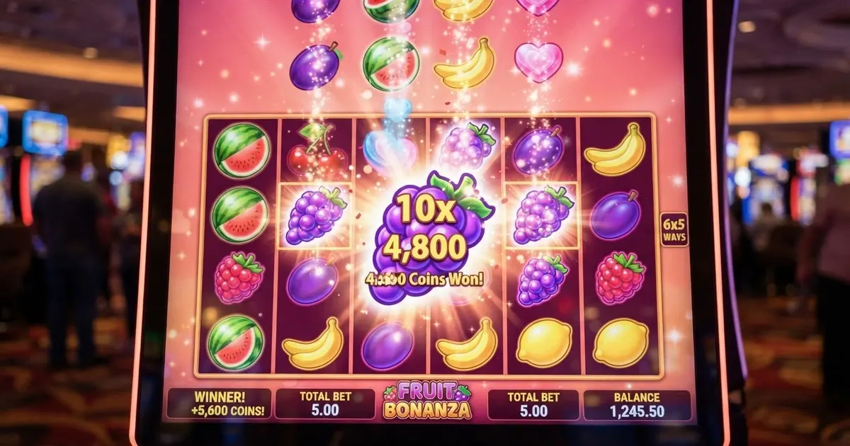 Une grille colorée de la machine à sous Sweet Bonanza avec ses symboles de fruits et de bonbons sur fond rose