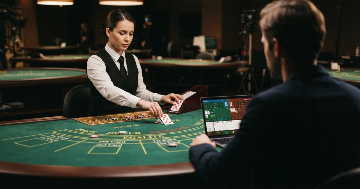 Table de baccarat en direct avec croupier, tapis de jeu vert et cartes disposées sur un écran d'ordinateur portable