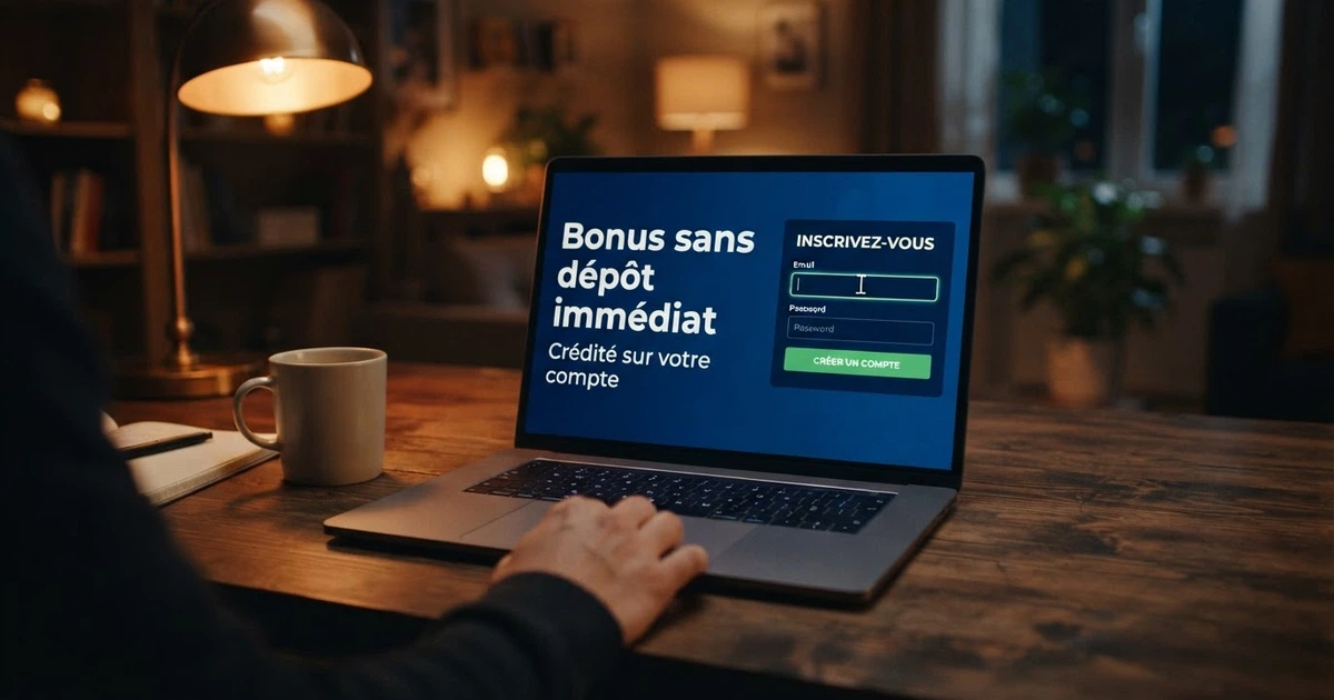 Interface d'un casino en ligne affichant une bannière « Bonus sans dépôt immédiat — crédité sur votre compte » à côté d'un champ d'inscription